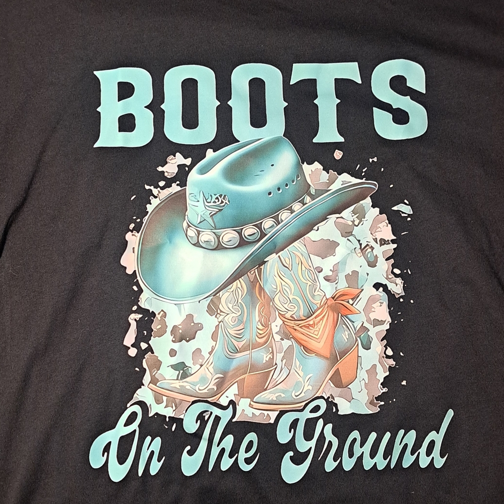 Black Graphic Boots On The Ground Tee with Cowboy Hat and Boots Design